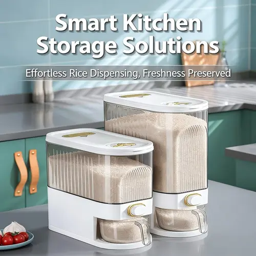GHQ Airtight Cereal Dispenser - 11.02LB/22.05LB Capacity Compartmentalized Food Storage Container, Dustproof Stackable Plastic Kitchen Pantry Bin with Measuring Cup & Time Scale, Leak-Proof Kitchen Accessory for Freshness Preservation