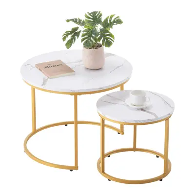 【FathersDayGift】VEVOR Nesting Coffee Table Set of 2, 23.6 in Round Coffee Table, Nesting Tables for Small Place, Vintage End Side Tables Night Stand with Metal Frame, for Living Room, Bedroom, Office (White & Gold)