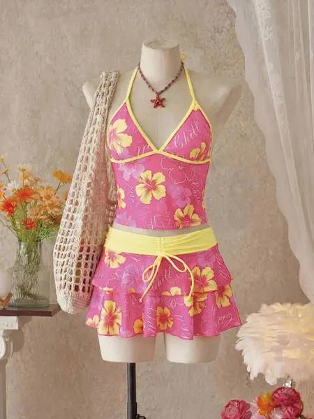 Women's Summer Beach Festival Print Halter Bikini Set, Casual Vacation Style, Fitted Tank Top and Skirt Three-Piece Suit