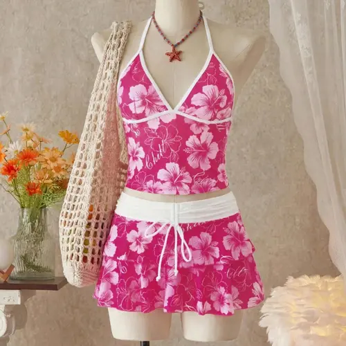 3 Piece Floral Print Tankini Set, Exotic Fashion Swimwear for Beach Parties, Trendy and Sexy Summer Swimsuit, Elegant Print Swimsuit, Tankini Swimsuits Women, Tankini Bathing Suits