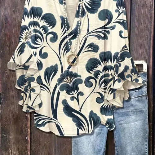 Plus Size Floral Print Flounce Sleeve Ruffles Blouse, Casual Loose-Fit Notched-Neck Top, Summer Wear, Trendy Bohemian Shirts, Comfortable Relaxed-Fit Blouse, Stylish Elegant Top for Parties, Boho Fashion Top