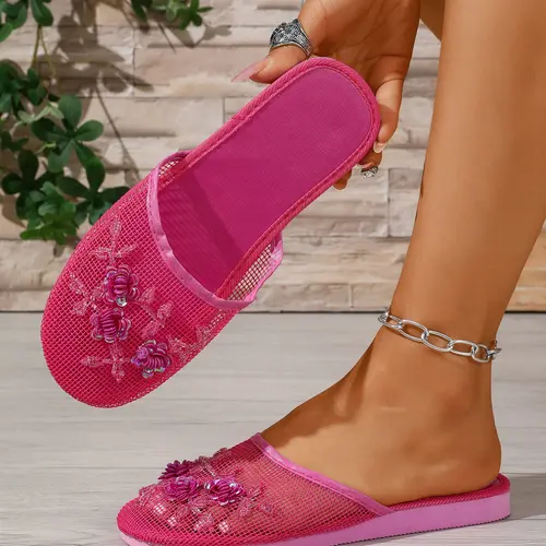 New Large Size 36-41 Women's Spring Fall Ethnic Pattern Slip-On Sandals, Elegant Textile Upper, Rubber Sole, Casual & Formal Wear, Slip On Slippers