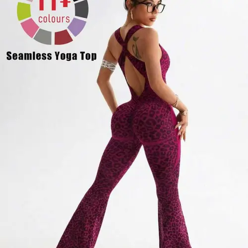 Women's Seamless Sleeveless Jumpsuit, Leopard Print Micro Flare-Leg Jumpsuit, Criss Cross Design, Ideal for Running, Yoga and Outdoor Activities, Stretchy Activewear, Sleeveless Workout Jumpsuit, Sporty Yoga Jumpsuit, Sleeveless Sports Jumpsuit