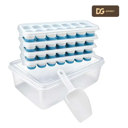 DGAPHRO Silicone Ice Tray Set with Lid, Bin & Scoop - 4 Pack, 56 Cubes, Stackable Freezer Storage Kit, Ice Cube Tray for Freezer for Camping Camp Kitchen (Blue), Family, Cocktail, Tasteless Ice