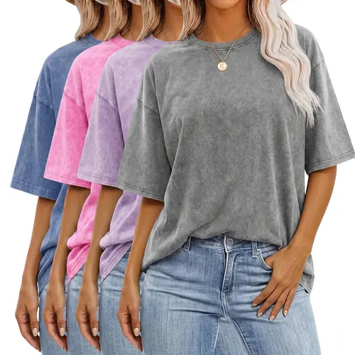 Pack of 4 summer vintage distressed 100% cotton T-shirts, loose crew neck, solid color, versatile for everyday wear, commuting, shopping, travel, and home leisure; elegant, pretty women’s short sleeves, plus sizes.