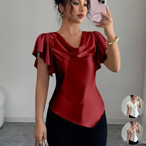 Elegant French Style Smooth Satin Drape Blouse, Ruffled Sleeve, Waist Cinch, Slim Fit, Office Wear Summer Top for Women, Chic