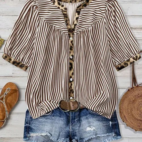 Plus Size Striped Leopard Patchwork Notched Neck Blouse, Casual Loose Shirt, Bubble Sleeve Top, Casual Summer Wear, Ideal for Daily Wear, Office, Date and Travel, Casual Daily Tops