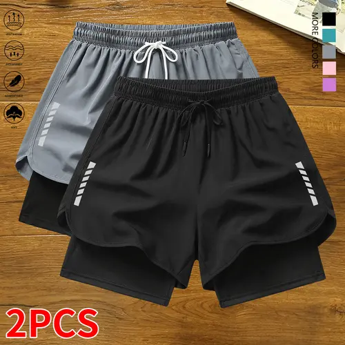 Women's Casual Athletic Sportswear Stripes Shorts (Pack of 2 Shorts), Built-in Lining, Lightweight Drawstring Elastic Waistband - Suitable for Workouts, Running - Women's Summer Bottoms