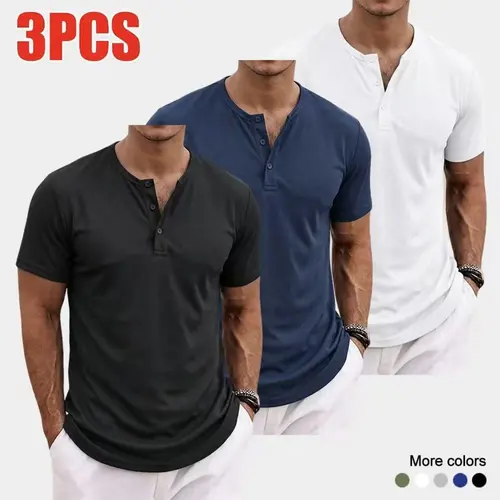 3-Pack Men’s Summer Short Sleeve Henley Shirts – Breathable, stretchy solid-color athletic tops with a half-button design and mesh details, suitable for casual wear or cycling workouts