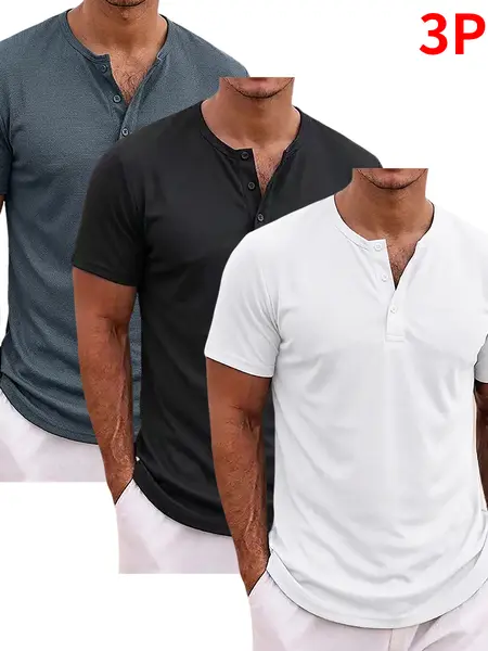 3-piece set: summer men’s Henley-collar short-sleeve T-shirts made from breathable textured knit fabric, slim fit, skin-friendly, comfortable, and cool—ideal for everyday commuting and vacations; a top choice for men’s summer apparel. Men’s clothing.,summ