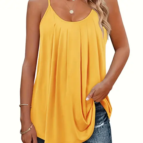 Women's Summer Lightweight Breathable Thin Spaghetti Strap Sleeveless Round Neck Pleated Plus Size Casual Loose Tank Top, Comfortable and Stylish Design for Daily Wear