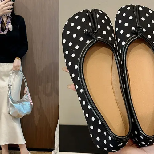 Tabi Toe Shoes for Women, Satin Low Heel Polka Dot Single Shoe, New Thick Heel Pig Foot Mary Jane Ballet Shoes, All Seasons Casual Style, Walking Shoes, Fashion Casual Shoes, Footwear