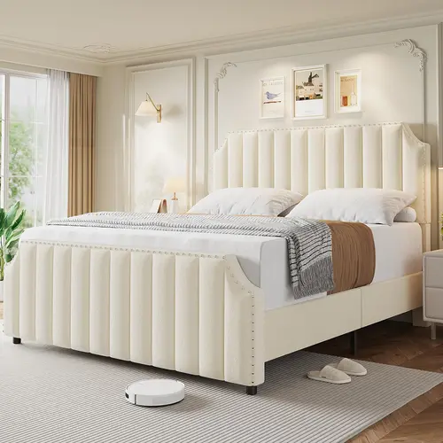 Garvee Velvet Upholstered Platform Bed Frames in Queen and King Sizes with 50.2 in Tall Tufted Headboards and Footboards, Nailhead Trim, Solid Wooden Slats, No Box Spring Needed, Noise-Free, Available in Multiple Colors