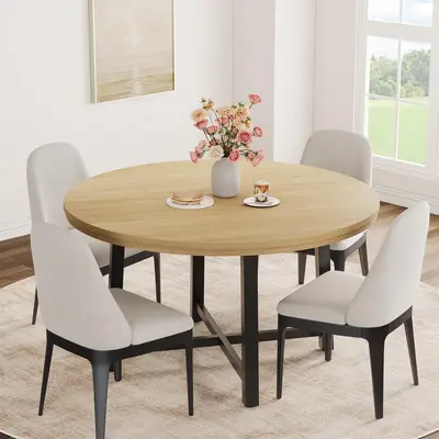 Garvee Round Dining Tables for 4-6 People Featuring Modern Industrial and Farmhouse Styles with Sturdy Metal Bases, Water-Resistant Wood Surfaces, Storage Shelves, and Rustic Finishes in Various Colors for Small Spaces and Living Areas
