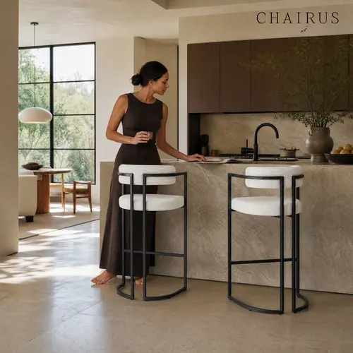 CHAIRUS 30-inch Supportive Armless Barstools Set of 2, White Sherpa Upholstered Curved Back Barrel Chairs, Durable Black Metal Legs, Assembly Required for Kitchen Island Home Decor, Barstool, Home Bar, Coffee Bar, Happy Hour At Home