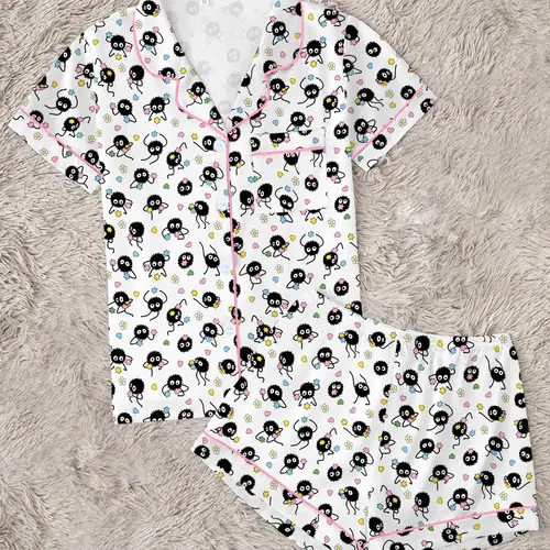 Women's Cartoon Print Pajama Set, Pajamas Sets, Comfortable Two-Piece Set, Short Sleeve Button-Up Top and Elastic Shorts, Casual Home Wear, Loungewear, Nightwear, Pjs, Party Gift