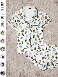 Healing Forest Spirit，Coastal Girl & Fish，Magical Girl & Black Cat，Mysterious Faceless Deity ，Women's Pajama Set Prints, Comfortable Two-Piece Sleepwear, Short Sleeve Button-Up Top & Elastic Shorts, Casual Home Wear, Party Gift, Pyjamas
