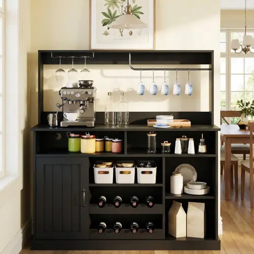 Garvee 47" Farmhouse Coffee Bar Cabinet with Storage, Goblet Holder, 5 Hooks, Power Outlets, Wine & Glass Rack, Adjustable Shelves, Sideboard Buffet Cabinet for Kitchen, Dining & Living Rooms in Black, White, or Grey