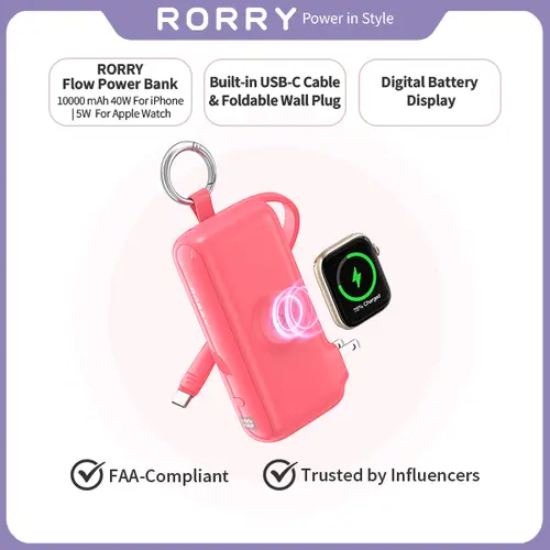 RORRY Flow Portable Compact Power Bank, 10000mAh Battery Pack, 40W Fast Charging Mobile Chargers, Built-in USB-C Cable, Foldable Plug for Apple Devices MacBook, Travel Essentials