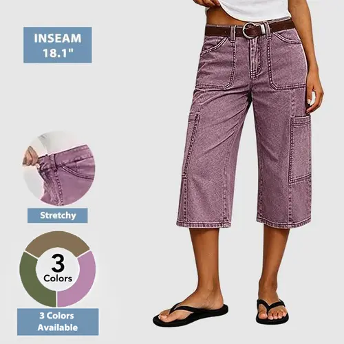 Flamingals Stitch Detail Side Pocket Mid Waist Straight Leg Capri Pants Summer Vibes Stretchy 17.7" Inseam Casual Bottoms