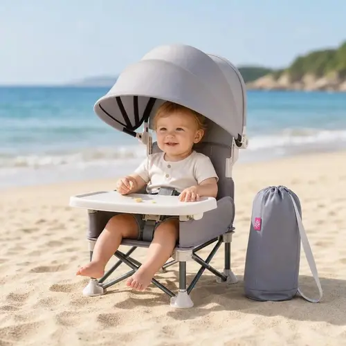 [SummerVibes] 3-in-1 Foldable Convertible 3-Stage Toddler Size Baby Beach Chair - Lightweight Compact Outdoor Kids Chair with Carry Bag, Removable Tray, UPF 50+ Sun Canopy, Storage Pocket, 37lbs Max Weight, Baby-Safe for Sand, Camping
