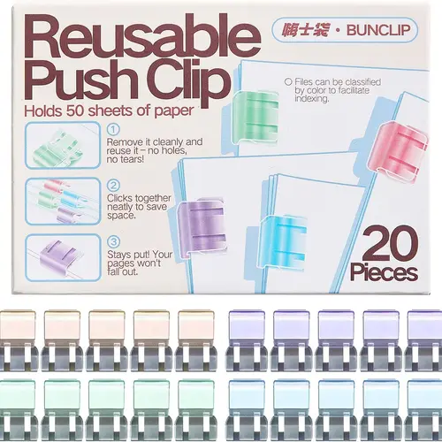 Push Paper Clips & Binder Clips, 20 Pack Medium Reusable Heavy Duty Clamps, No Damage No Marks, 50 Sheet Capacity for Office, School, Home Organization,back to school,back to school shopping