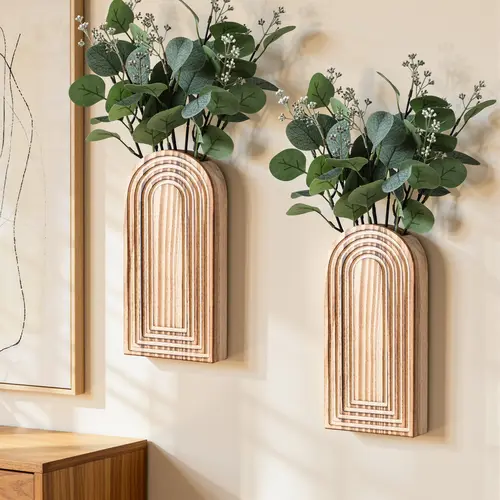 Ivydale 2-Pack Decorative Lightweight Wooden Wall Vase Set with Fake Plants, Boho Modern Farmhouse Hanging Planters for Narrow Spaces, Brown House Decor Gift for Bedroom Aesthetic Decorations, Wall Decor