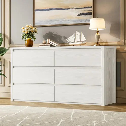 Garvee 6 Drawer Wide Wood Dresser for Bedroom, Modern Handle-Free Large Storage Chest of Drawers, Suitable for Living Room, Hallway, and Entryway,dorm essentials,home decor