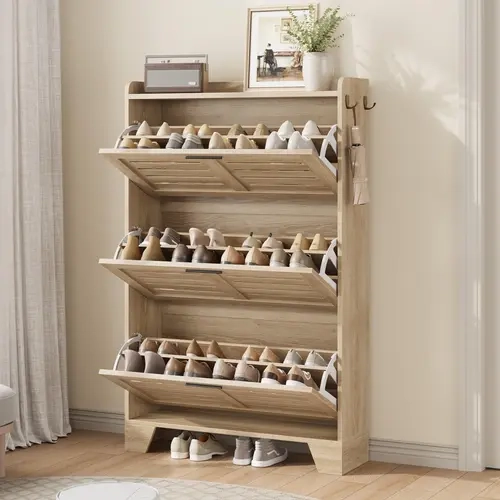 Garvee Minimalist Farmhouse Slim Profile Narrow Shoe Storage Cabinet - Freestanding Single Unit Expandable Entryway Organizer with 2/3 Flip Drawers, Hooks, Scratch-Resistant Top, Waterproof, Anti-Tip Safety, Light Oak/Gray/Black Finish for Foyer, Garage