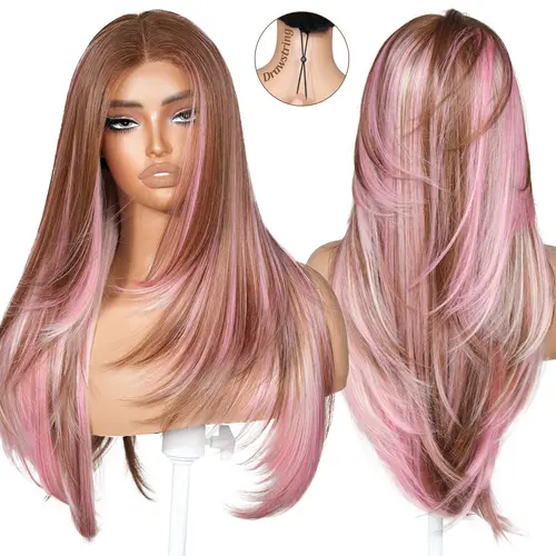 BrownBomb Calico Neapolitan Synthetic Lace Front Wig - 26 Inch, Glueless, Pre-Cut T Lace, Pre-Plucked, Face Framing Bangs, Perfect Middle Part, Airy Heat Resistant, Summer-Ready for Daily Wear, Parties, Heat Resistant Wigs, Synthetic Material Wigs, Wigs F