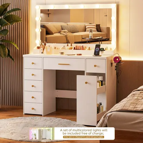 LAKEMID Sturdy White Vanity Mirror Makeup Vanity with LED Desk Mirror Lights - 12 Hollywood-Style Bulbs, 3-Color Adjustable Lighting, Festive String Glow, 7-Drawer Organize, Pull-Out Storage, Assembly Required for Bedroom