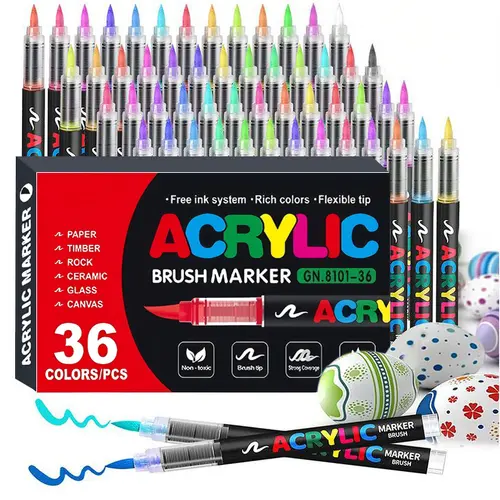 Acrylic Paint Markers Brush Tip, 36 Vivid Colors with Direct-Liquid Ink System, Professional-Grade Paint Pen for Rock Painting, Books Coloring, Note Taking, Card Writing, Ceramic, Wood, Canvas, Glass, Stone, Fabric, DIY Crafts, Drawing Art Supplies Kit