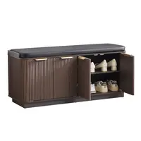 Giratree 43.3'' Fluted Entryway Shoe Storage Bench with 4 Doors and Adjustable Shelf, 2-Tier Entry Bench Seat with Shoe Storage and Cushion, Shoe Cabinet Bench for End of Bed, Foyer