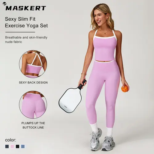 MASKERT Women's Two Piece Set Colorblock High Waisted Ribbed Casual Fitness Sportswear, Athletic Fashion Activewear outdoorfun tiktokshopbacktoschool