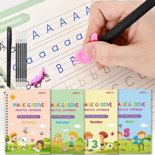 4-Pc Groove Guide Handwriting Aid Set Pack, Reusable Ink Preschool Kids Educational Book, Calligraphy Number Letter Math Drawing Tracing Practice Stationery