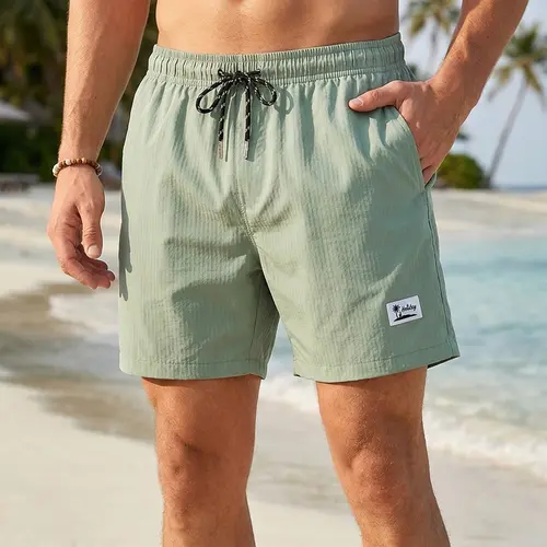 Men's Checkered Textured Quick Dry Swim Trunks, Summer Vacation Casual Beach Shorts with 2 Side and 1 Back Pockets, Drawstring Elastic Waist Board Shorts with Mesh Lining, Breathable Swim Shorts, Pockets Swimming Shorts