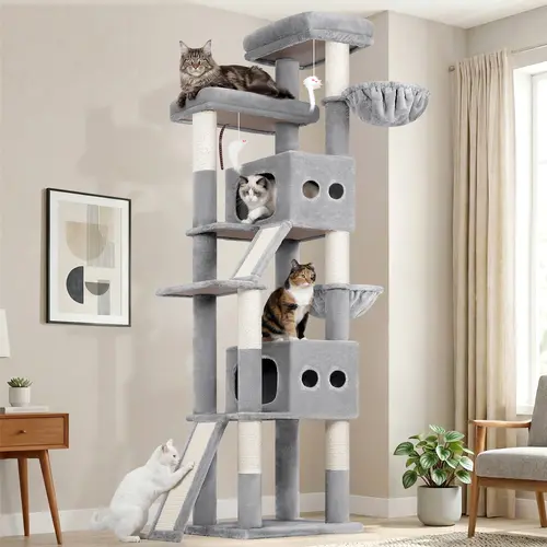 DESKAT Heavy Duty 83in Tall Multi-Cat Kitty Condo, Reinforced Base Cat Furniture with Scratching Boards, Maine Coon Safe & Durable