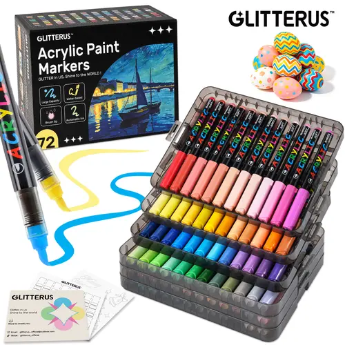 Glitterus Acrylic Markers Set (36/48/72 Colors, Stackable Box) - Automatic Ink Control, Waterproof Flexible Brush Tip, High-Opacity Lightfast Acrylic Painting Pens, Craft Supplies for Adults, Ready Office Art Stationery, Summersale, tiktokshopbacktoschool