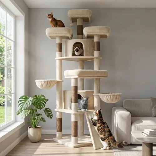 Deskat 80" Tall Climb Multi-Level Cat Tree for Large Cats - 2 Condo Hideouts, 2 Hammocks, 4 Perches, 6 Sisal Scratching Posts, Scratch Board Zone, Vertical Tower, Climbing Play Structure