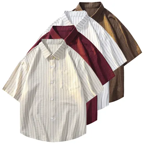 Summer solid-color striped collared shirt with buttons and pockets, loose fit; men’s casual outdoor lightweight breathable short sleeves; Japanese retro minimalist versatile brand; unisex design; suitable for everyday wear and vacations. Summer vibes 	 Fa