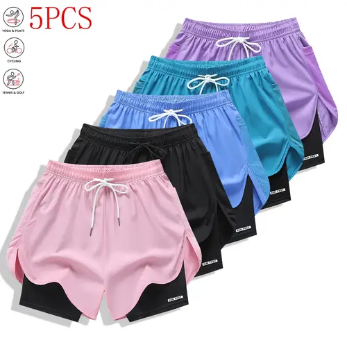 Women’s casual athletic shorts, 5-pack (recommended to order one size up), solid color, faux two-piece design with built-in lining, elastic drawstring waist, suitable for outdoor workouts, running, sports, and everyday wear; women’s shorts bottoms.