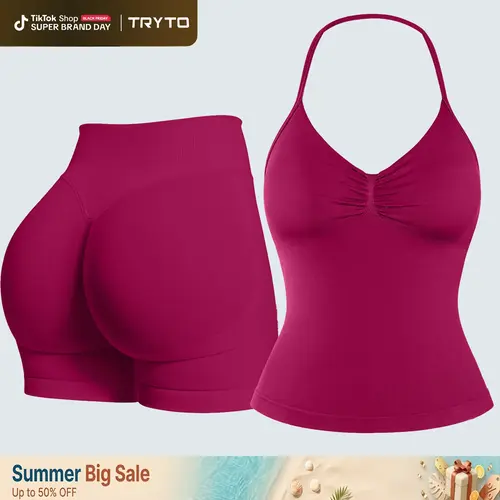 [SIZE UP 1] TRYTO Two-Pieces Suit Impact Longline Strappy Top Impact Shorts Sports Yoga Impact Gymwear Tanks Seamless Shorts