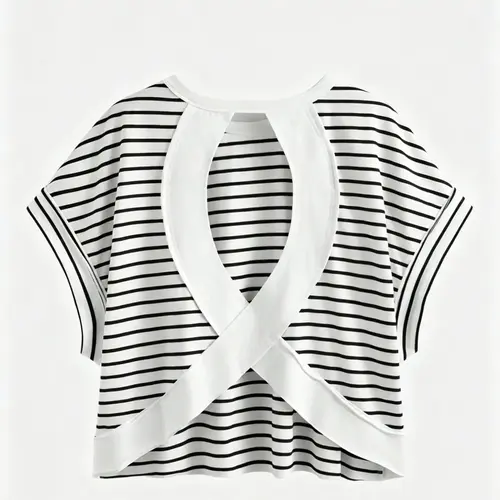 1 Piece Striped Back Cross Cutout T Shirt for Women, Round Neck Short Sleeve Loose Fit Crop Top, Stretchy Breathable Fabric, Figure Flattering Casual Cropped Tees for Daily Wear Streetwear Going Out Casual Summer Wear
