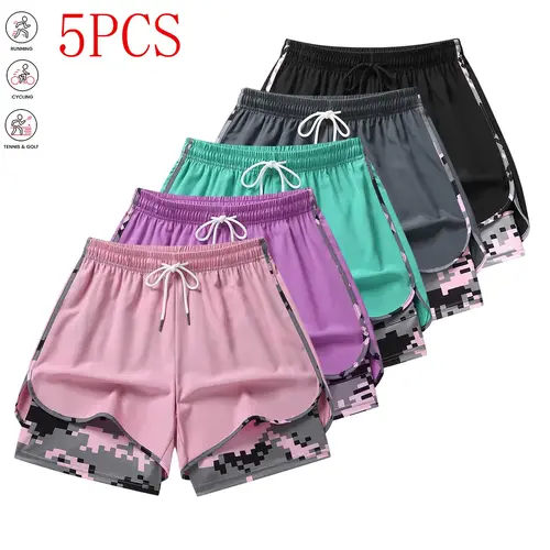 Women’s casual athletic shorts 5-piece set (recommended to order one size up), with built-in lining, drawstring, and elastic waistband design; suitable for outdoor sports, fitness, running, and everyday wear; women’s shorts, athletic shorts, womenswear