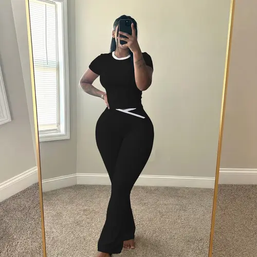 USBOUTIQUE CHIC Women's 2026 Summer 2-Piece Workout Set Short Sleeve Crop Top & Crisscross Waist Flare Leggings Activewear