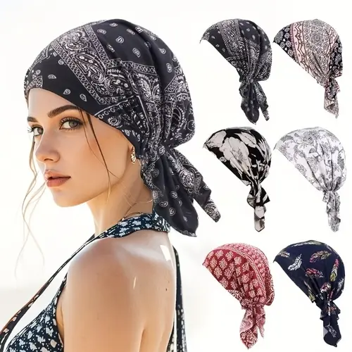 Women's 5pcs Elegant Brimless Hat & Matching Headscarf Set - Scarf Wrap, Floral Pattern Shawl, Head Scarf Turbans, Comfortable Breathable for Travel, Daily Headwear, Gift-Giving