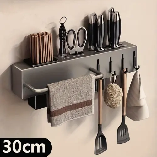 Wall-Mounted Kitchen Knife Rack and Organizer - 1-Piece Organized Efficient Storage with 4 Hooks for Knives, Cutting Boards, Utensils - Space-Saving Solution for Tidy Kitchen Look