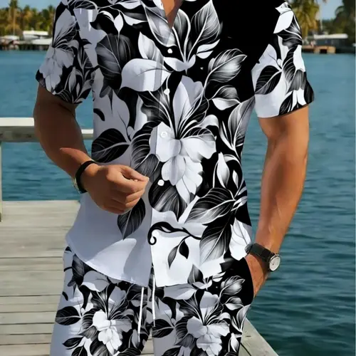 Men's Floral Print Short Sleeve Shirt Set, Summer Beach Casual Two-Piece Outfit, Fashion Vacation Men's Clothing, Tropical Matching, Fitted Set Outfit, Menswear
