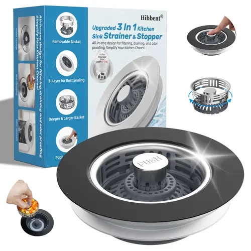 Hibbent Upgraded 3-in-1 Kitchen Sink Strainer - Stainless Steel Pop Up Stopper with Anti-Clogging Basket, 3-Layer Seal, Heat-Resist Body, Detachable Plug for US Standard 3.5" Drain (1.38in Min Depth, 2.83-3.22in Diameter), Matte Black, Fast Drains