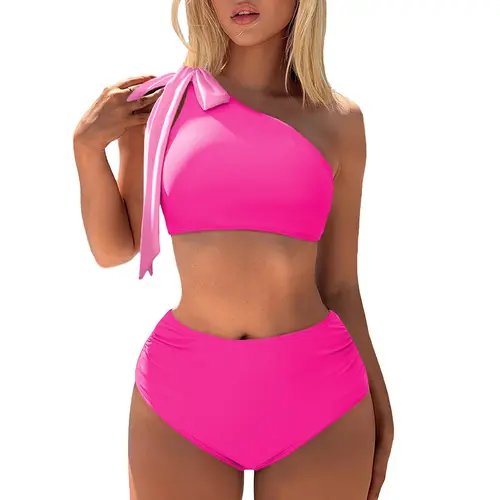 Aleumdr Women's 2-Piece 1-Bow Shoulder Bikini Sets - Ruched, Form-Fitting Bow Cutouts Bikini Beach Wear, Stylish Bathing Suit Swimsuits for SwimWeek Vacations, Summer Sports & Outdoor Use